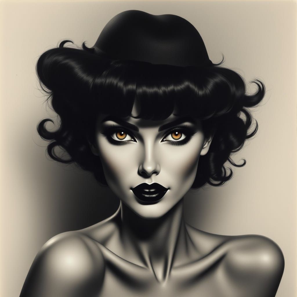 Sultry Pin-Up Model in Dark Charcoal Hues