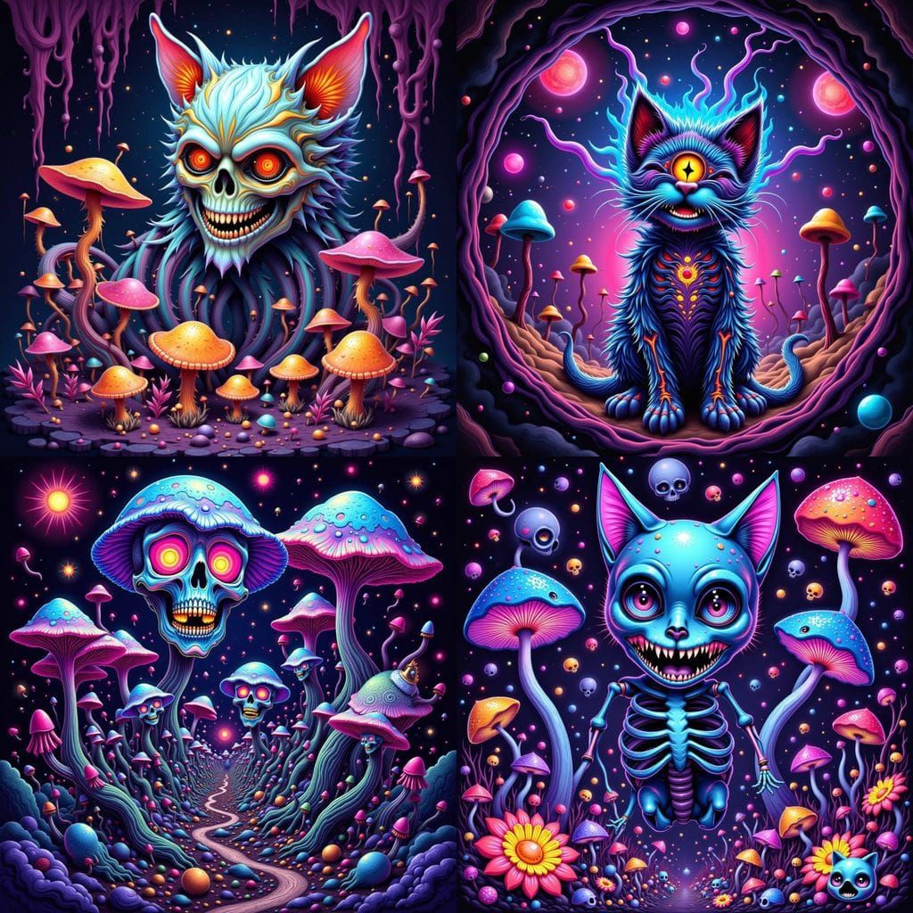 Trippy Cat Skeletons in Psychedelic Mandala