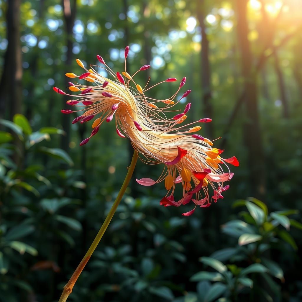 Colorful Pointillism Flower Woman in Overgrown Forest