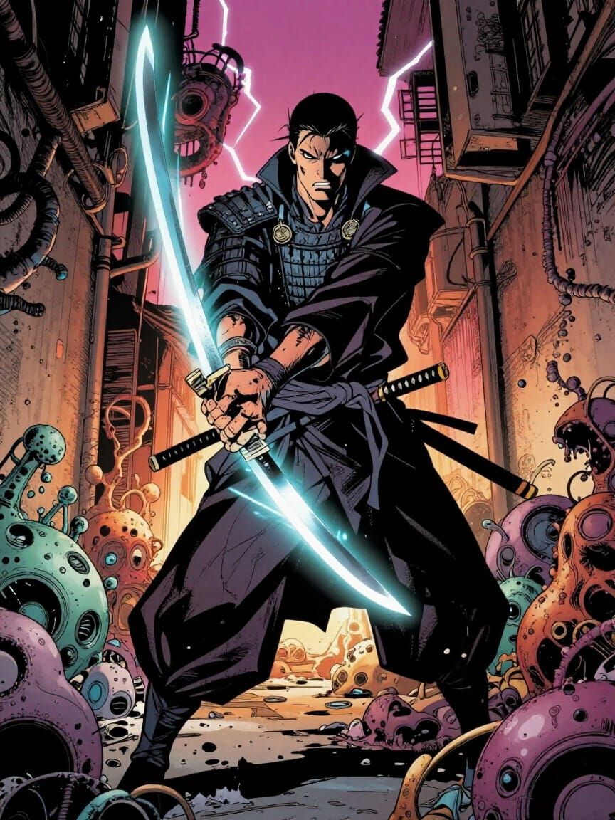 Samurai Confrontation in Neon Alley Comic Cover Art