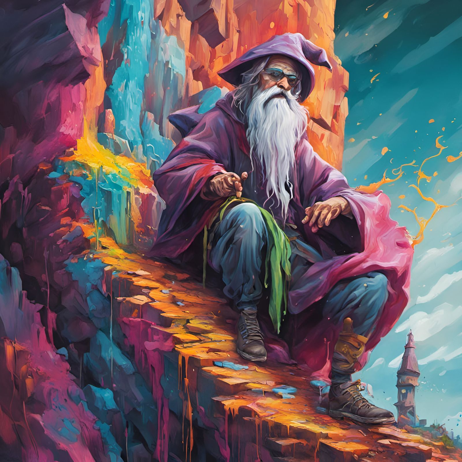Wizard on Cliffs in Graffiti Splash Art Style