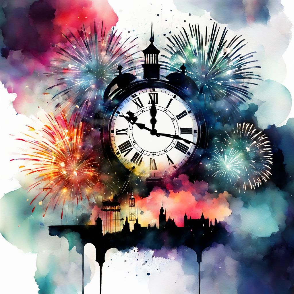 New Year's Fireworks at Midnight in Watercolor