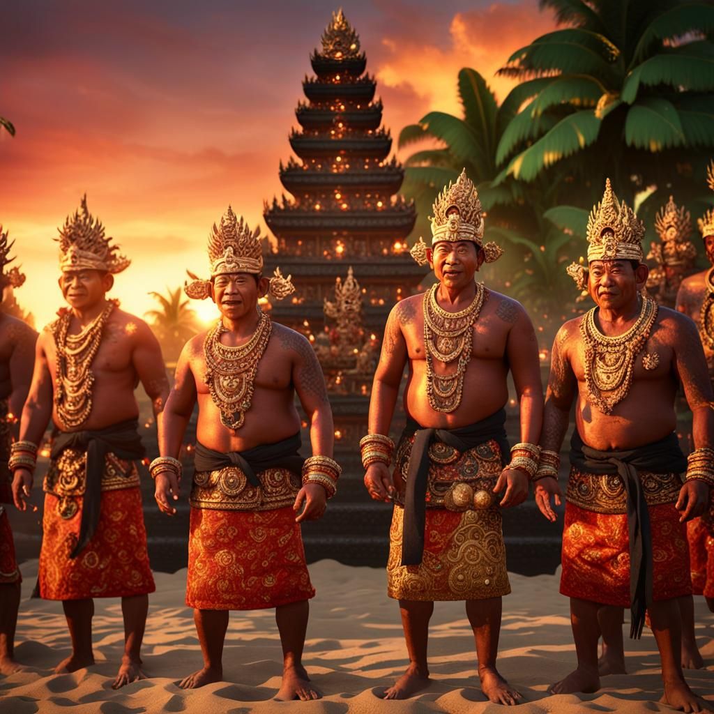 Balinese Men Perform Kecak Ritual at Sunset