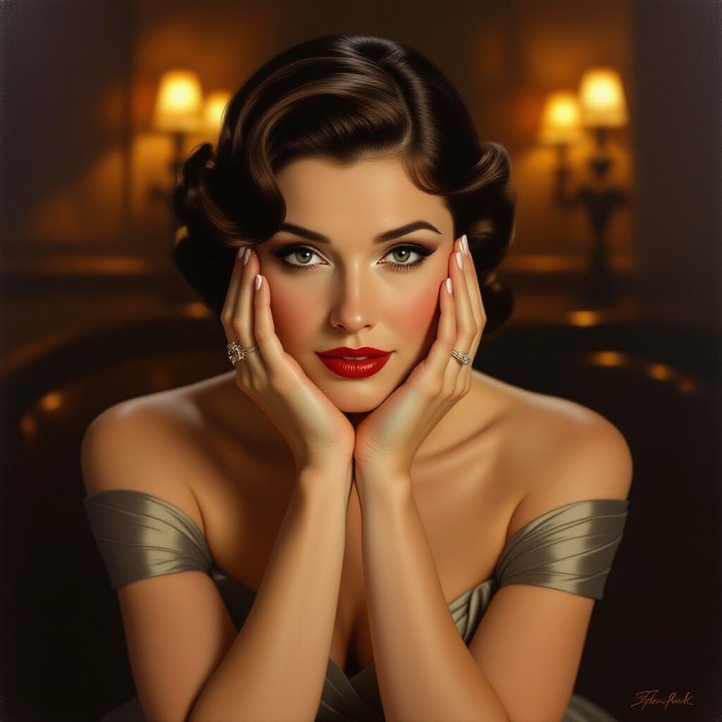 Nostalgic Woman in Warm Light, Elegant Dress