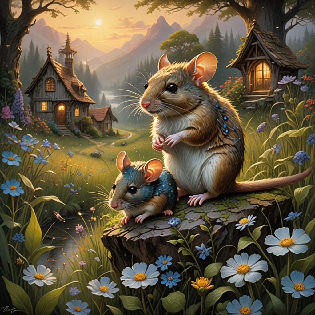 Whimsical Mouse Duo in a Lush, Vibrant Meadow Scene