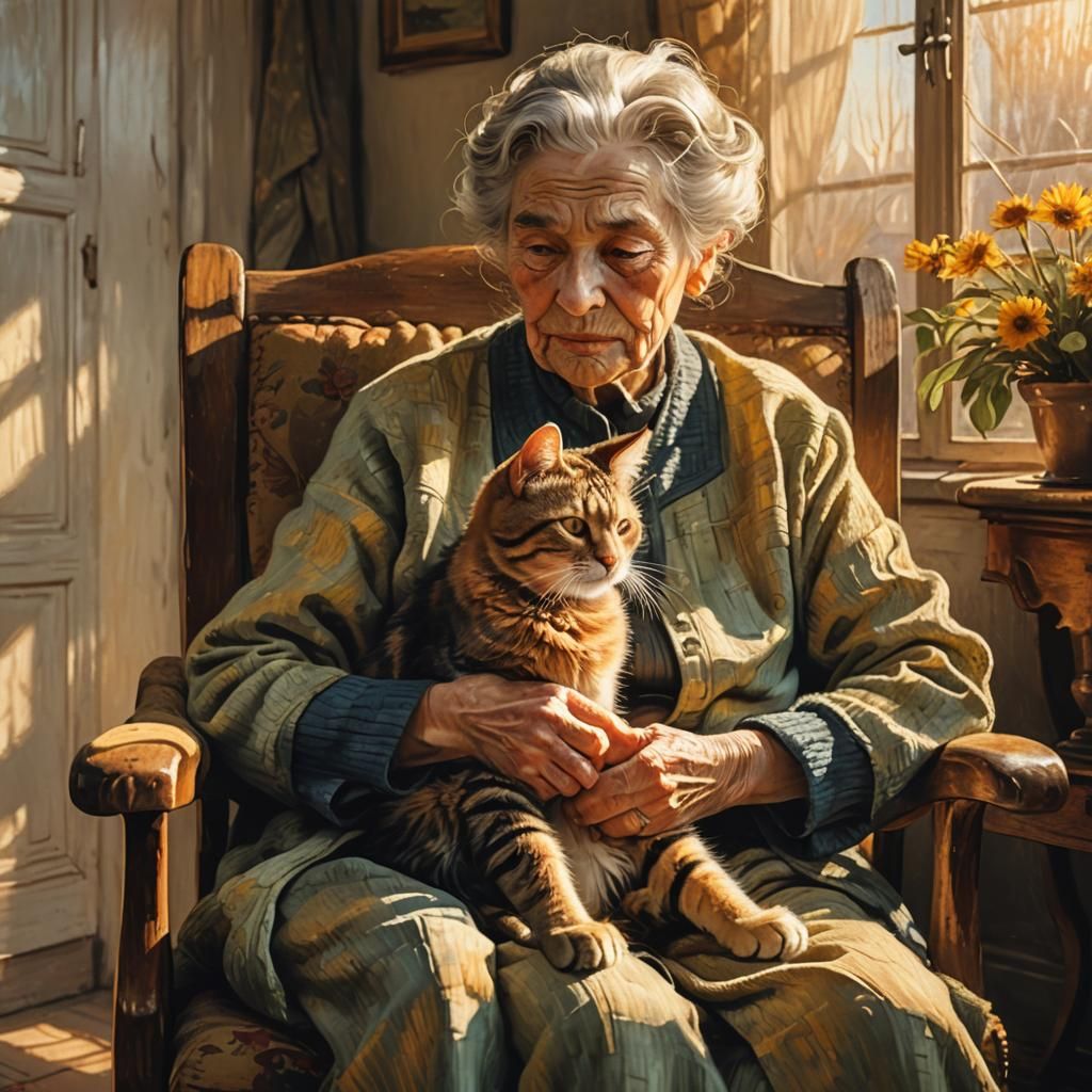 Cozy Afternoon: Old Lady and Cat, Van Gogh Style