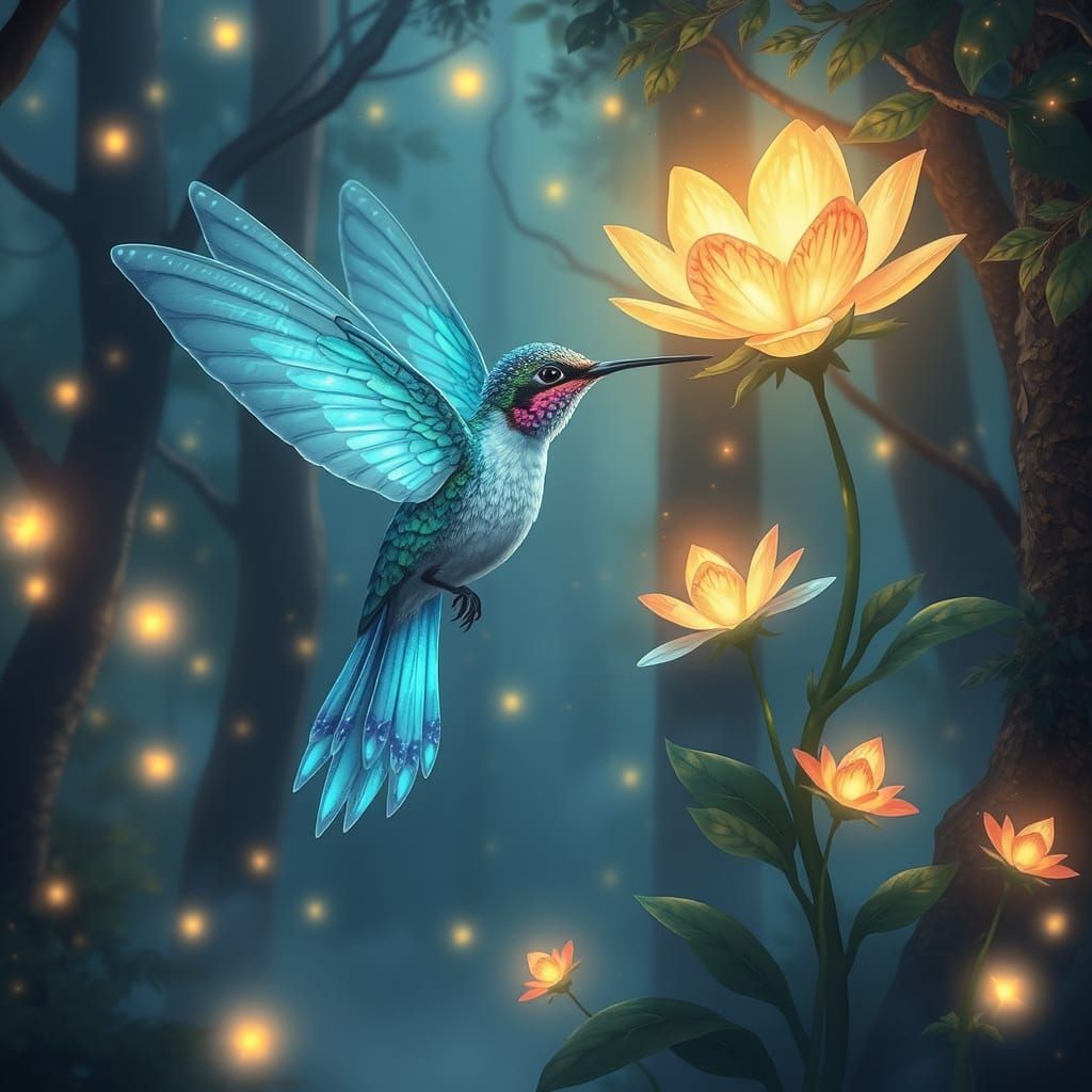 Ethereal Bioluminescent Hummingbird in Enchanted Forest