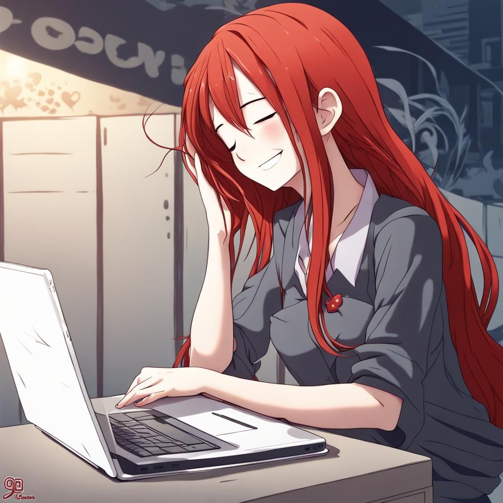 Smiling Redhead Girl with Laptop in Anime Style