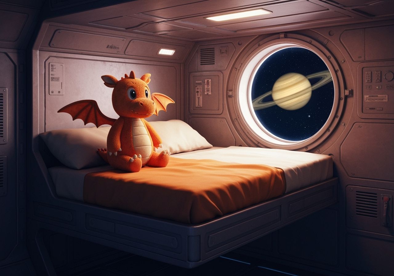 Cute Plush Dragon on Retro Spaceship Bed Viewing Saturn