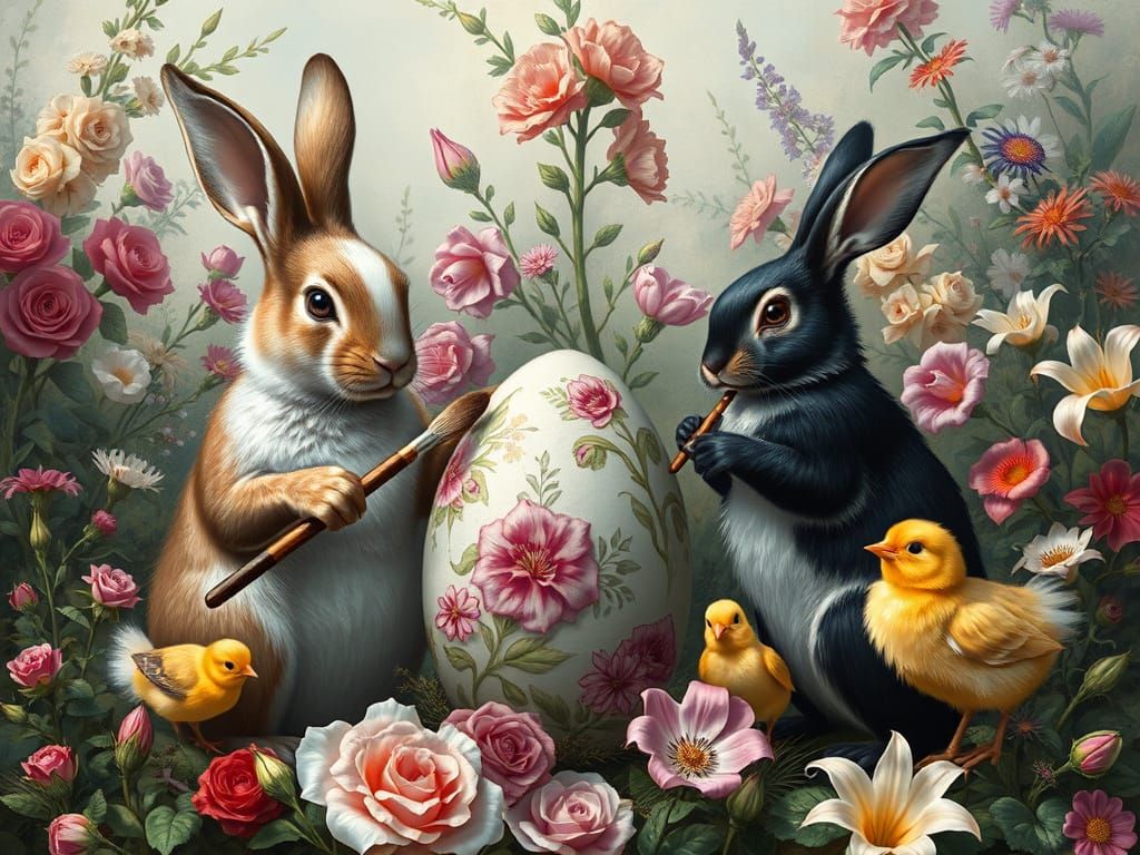 Rabbits and Chicks Painting Easter Eggs