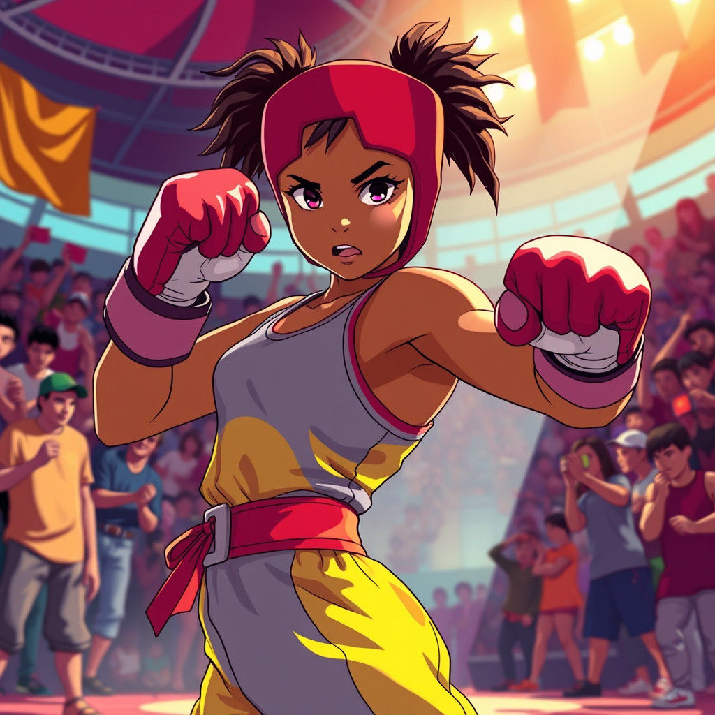 Dynamic Anime Girl in Fighting Gear, Cel-Shaded Style