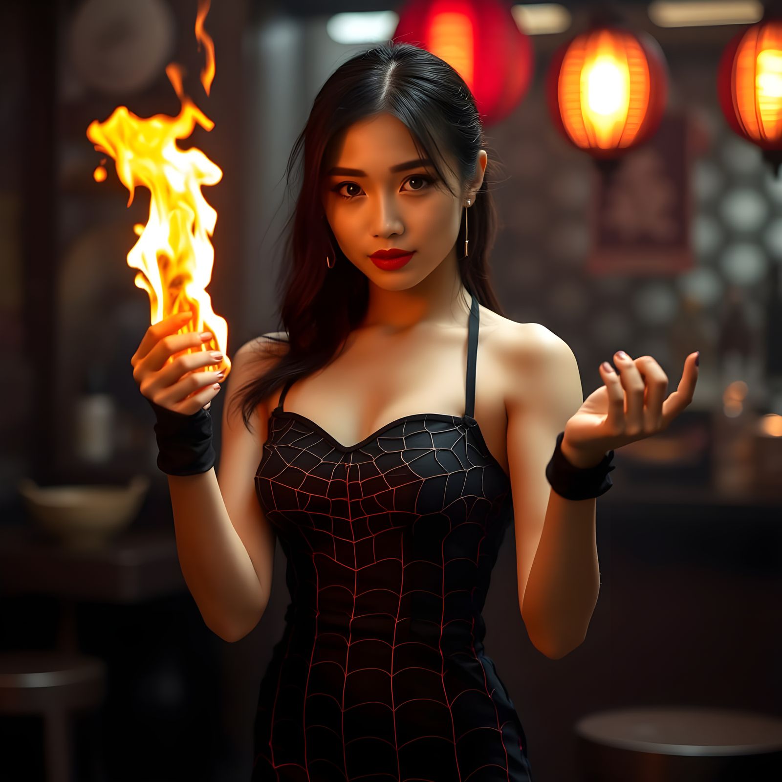 Fire Breathing Asian Waitress in Spider Web Dress