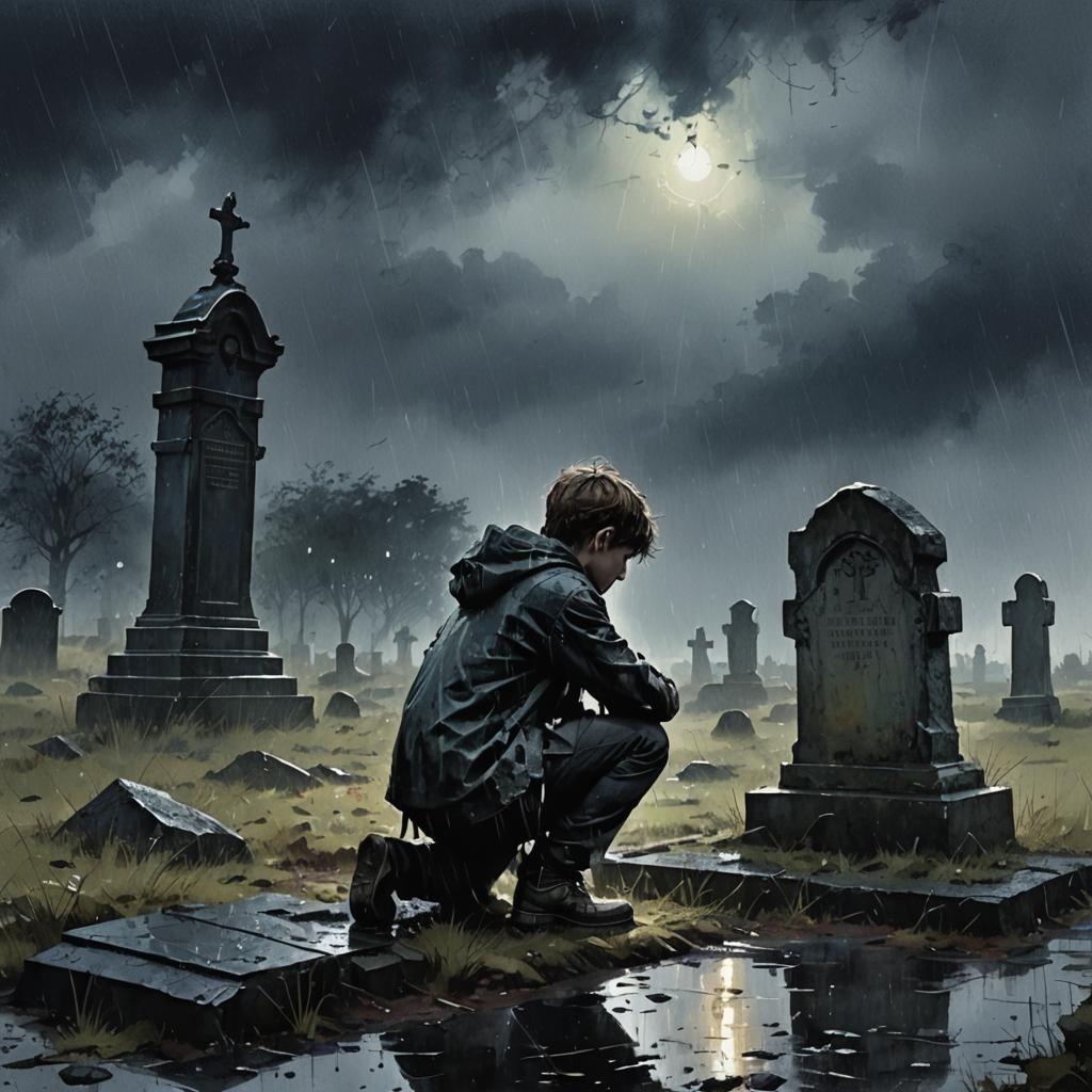 Watercolor Silhouette: Boy at Grave in Rain