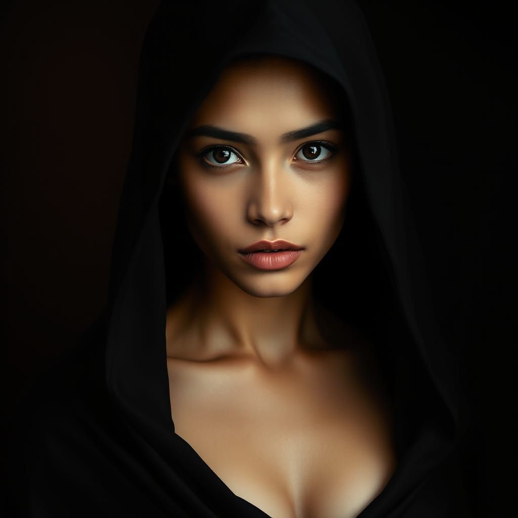 Ethereal Guatemalan Latina Woman in Dark Hooded Cloak