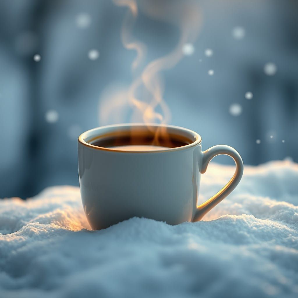 Golden Coffee in Serene Snowy Landscape