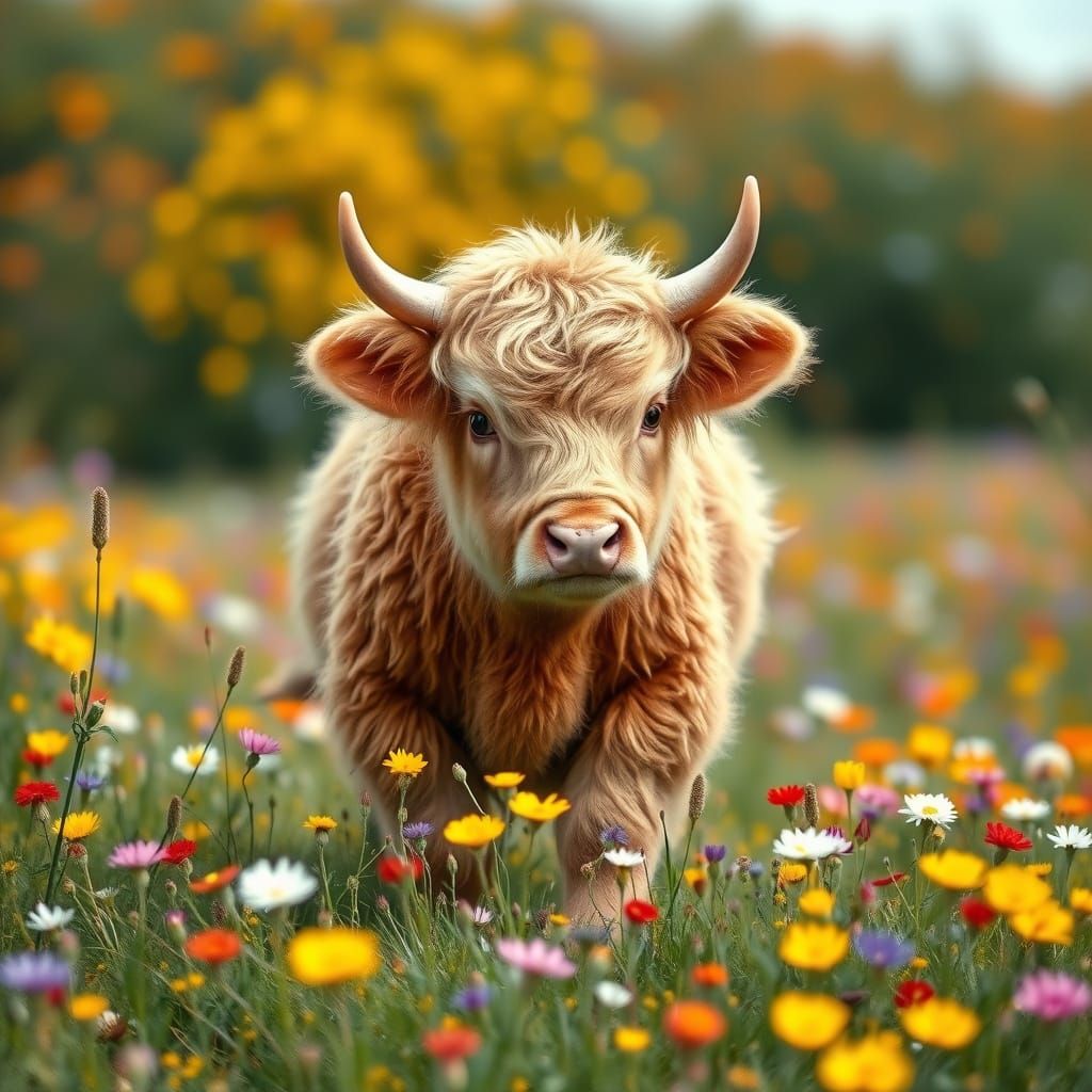 Baby Highland Cow in Impressionistic Flower Field