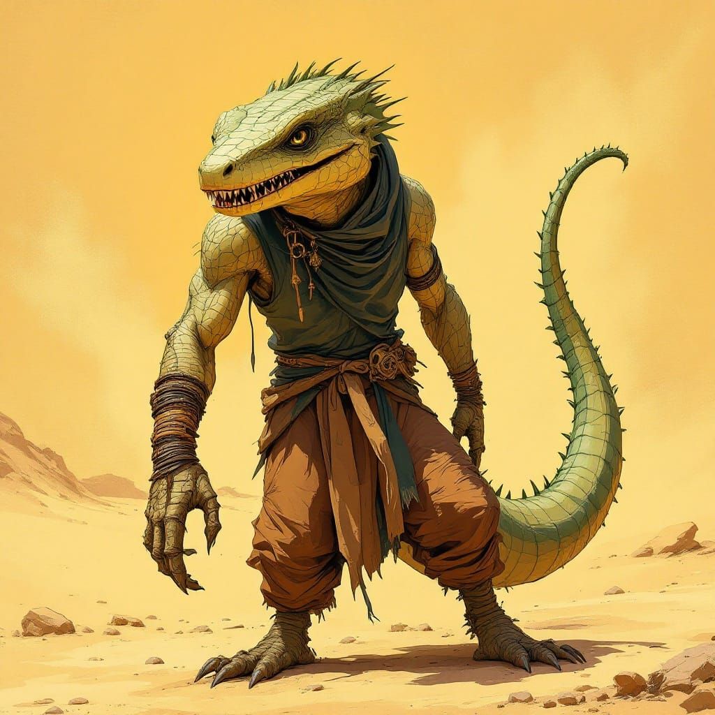 Scaly Desert Warrior in Vibrant, Dynamic Style