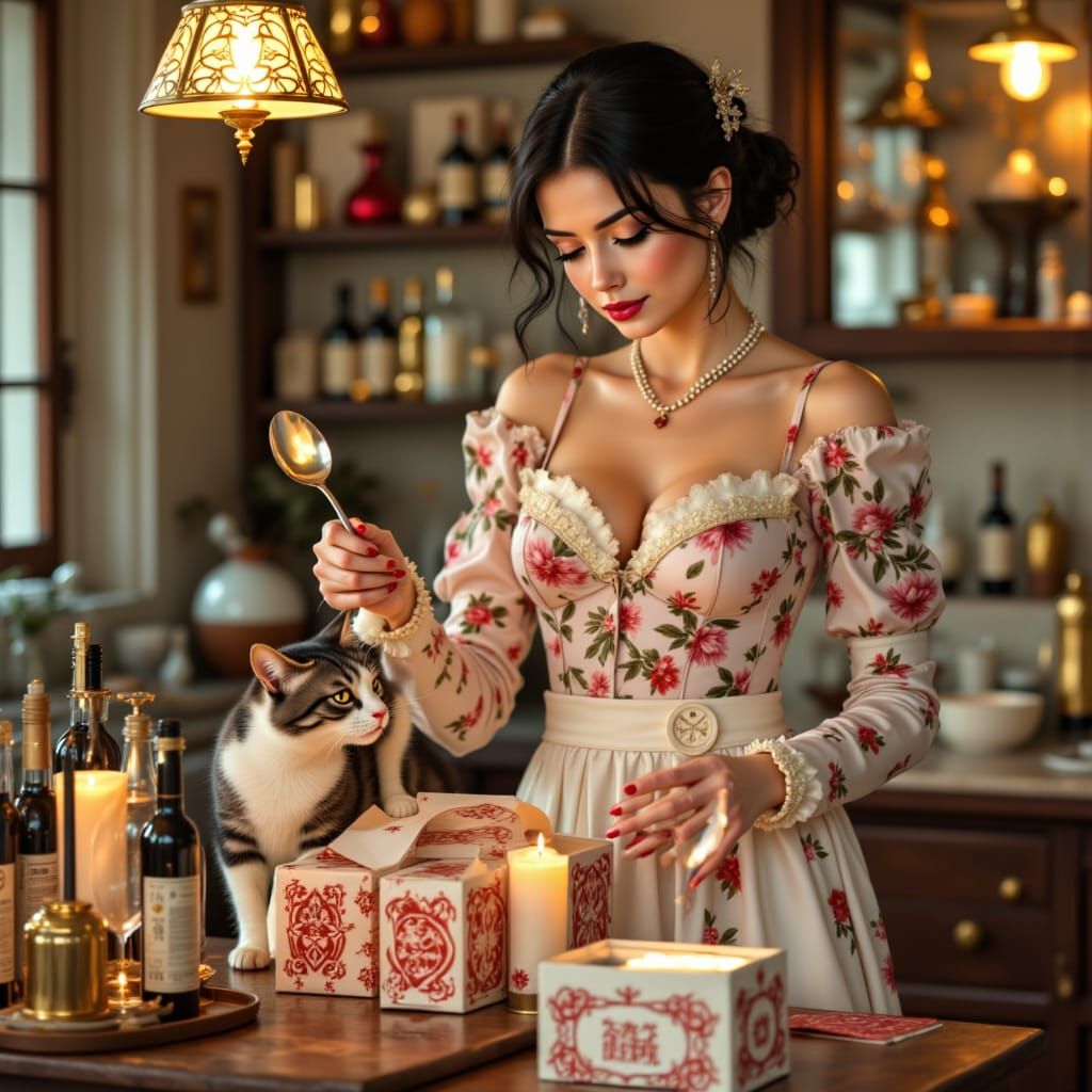 Cozy Kitchen Scene with Woman and Cat