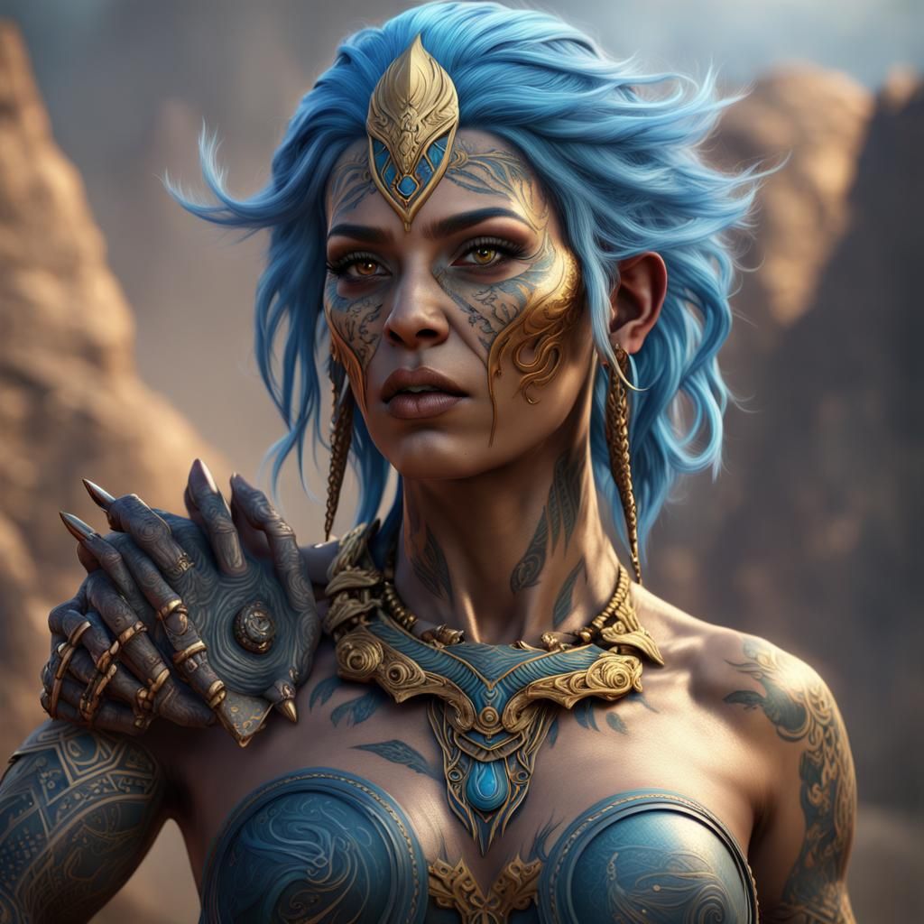 Goliath Goddess with Blue Hair and Tribal Tattoos