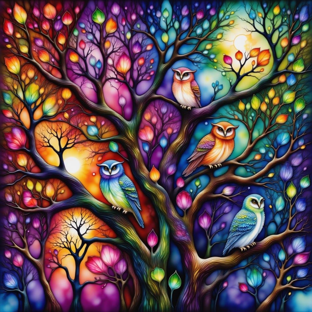 Peaceful Watercolor Scene with Owls and Music