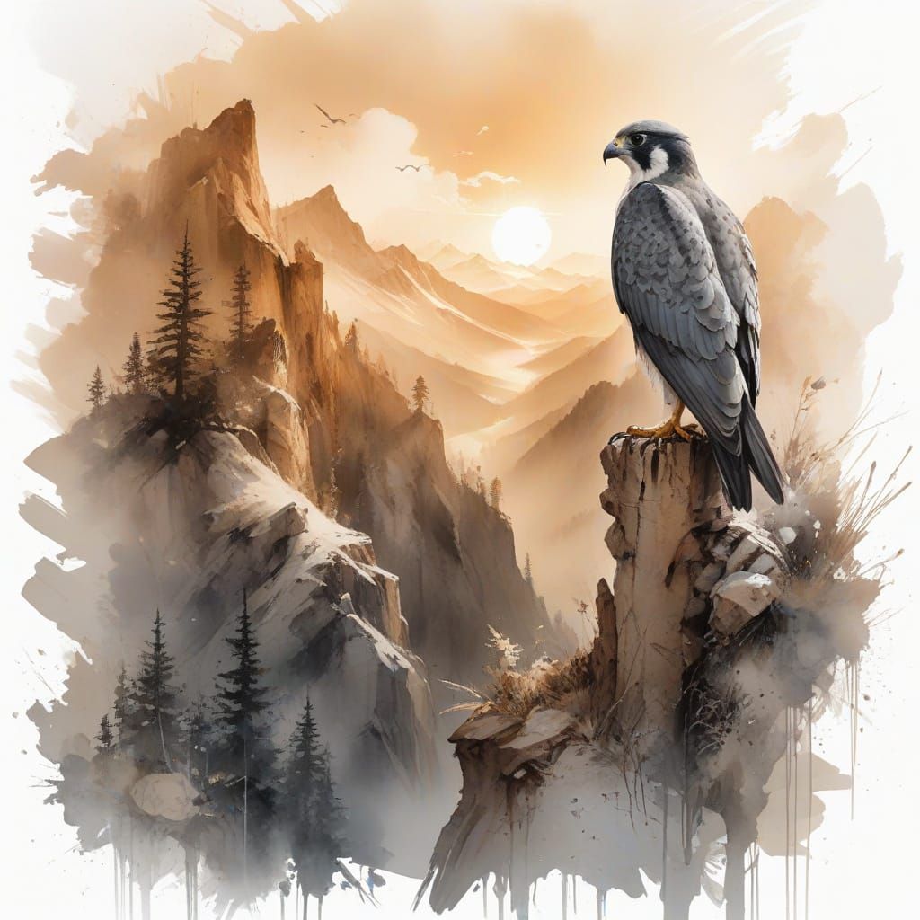 Falcon Perched on Ridge in Watercolor and Gouache