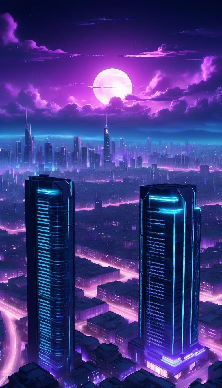 Night Cityscape with Glowing Sky in Anime Style