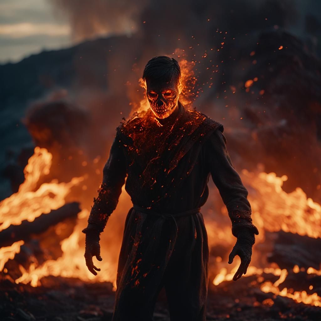 Fiery Entity in Smoldering Landscape: Cinematic Still