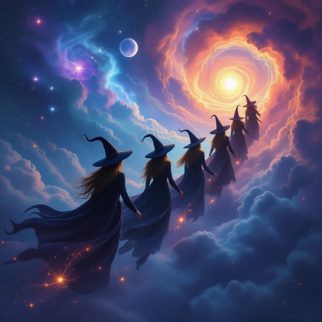 Witches Soar Through Cosmic Night Sky