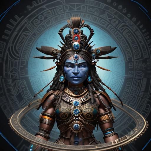 Aztec Cyborg Goddess with Swirling Particles in 8K