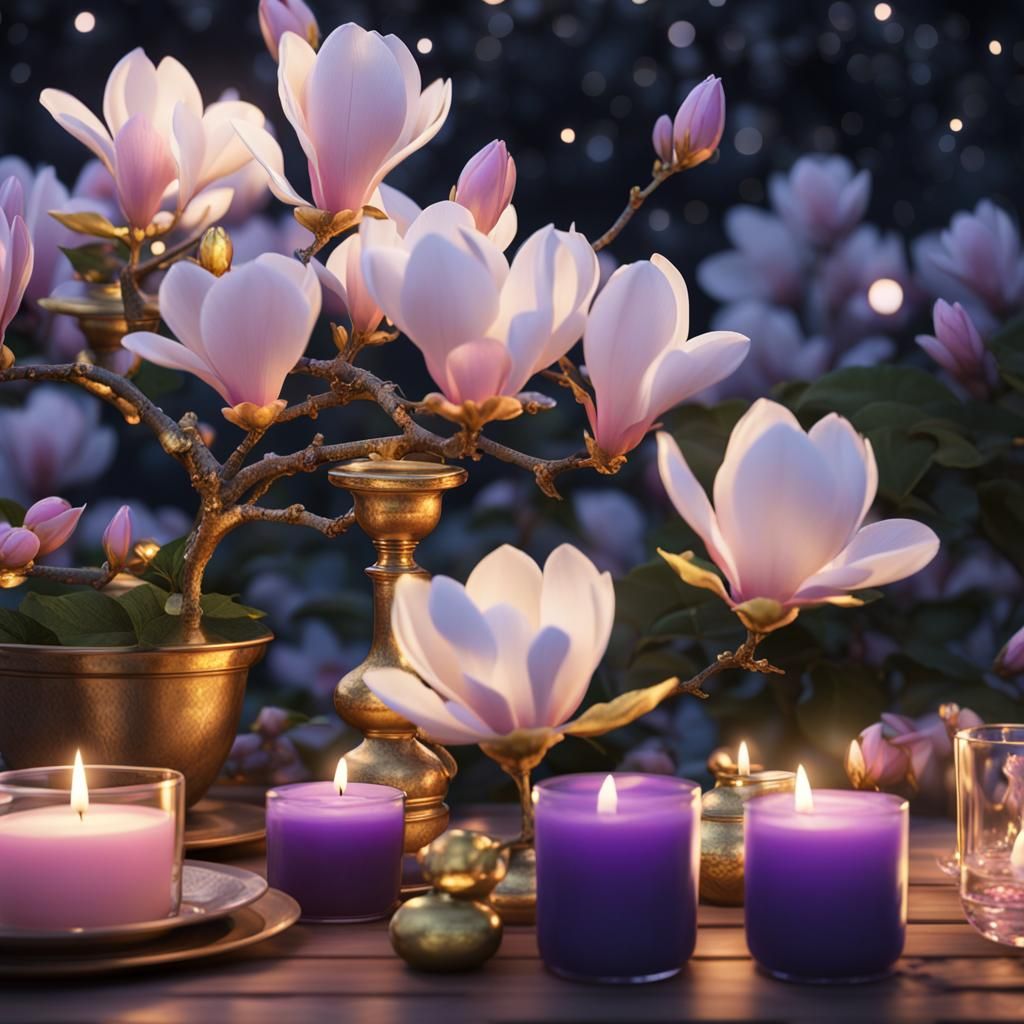 Night Garden with Magnolia in Hyper-Realistic Style