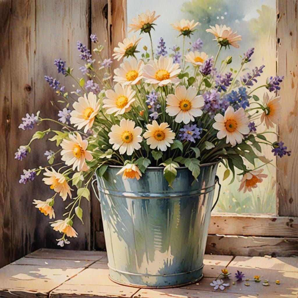 Impressionist Flowers in Bucket with Soft Brushstrokes