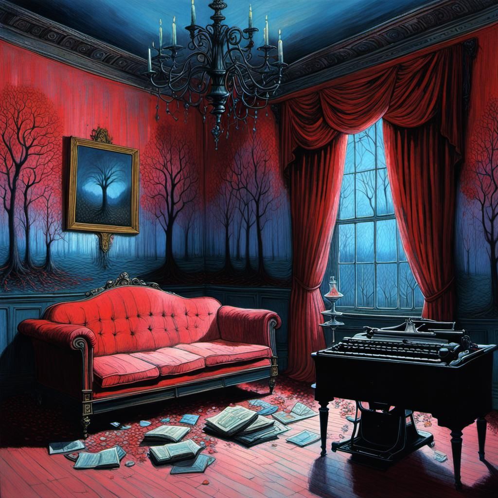 Zdzisław Beksiński Wes Anderson Tim Burton gothic art, painting, melancholy feeling, detailed.
A Room decorated with red...