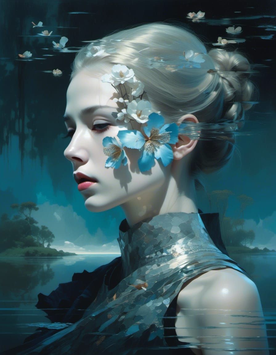 Pre-Raphaelite Lady of the Lake in Double Exposure