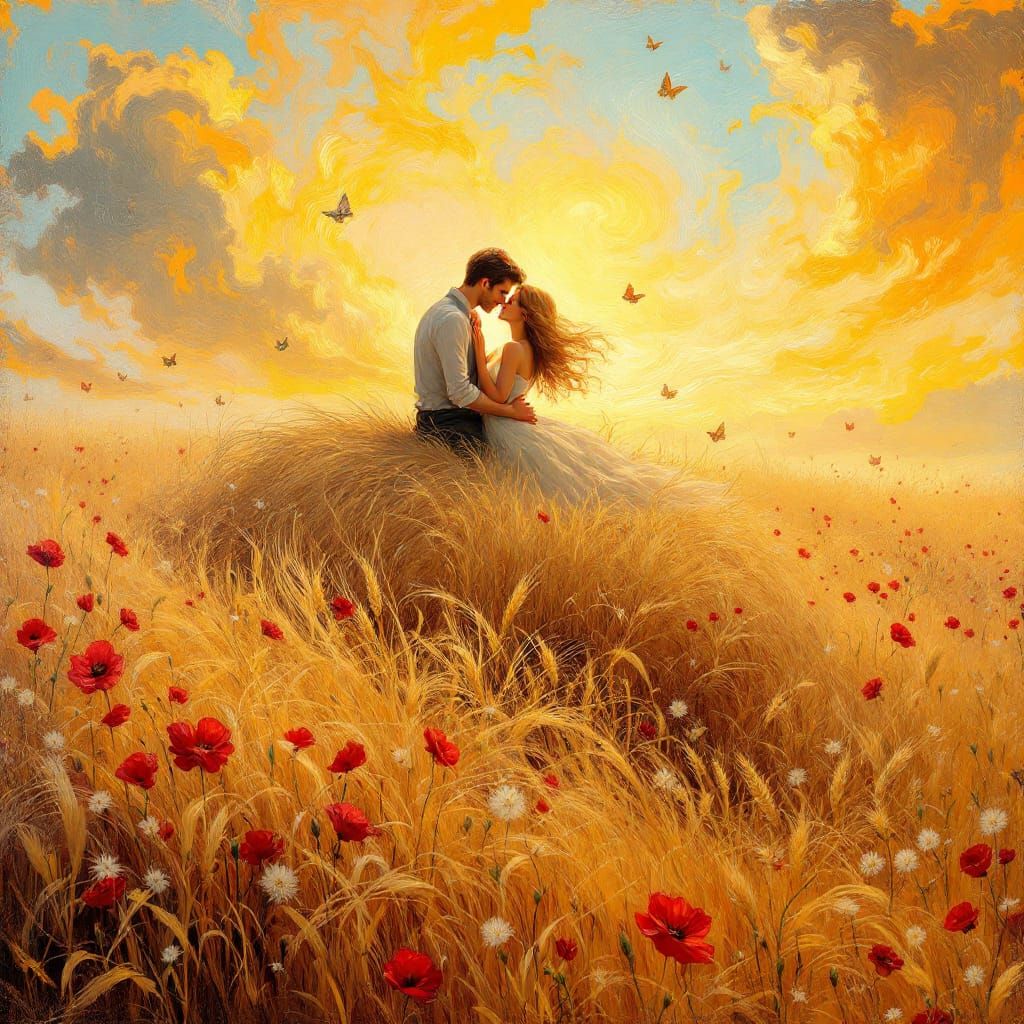 Romantic Wheat Field Scene in Impasto Style