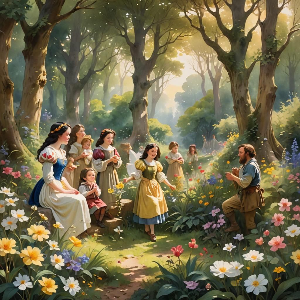 Snow White in Forest Glade, Watercolor Painting