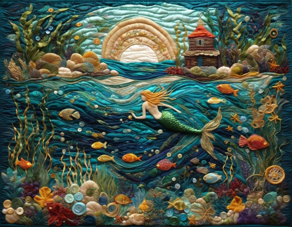 Surreal Quilted Tapestry of Mermaid in Vibrant Underwater Sc...