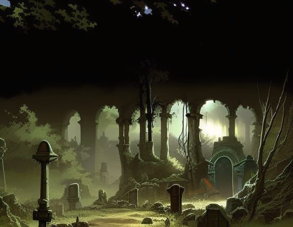Ethereal Graveyard Concept Art with Steampunk Engine