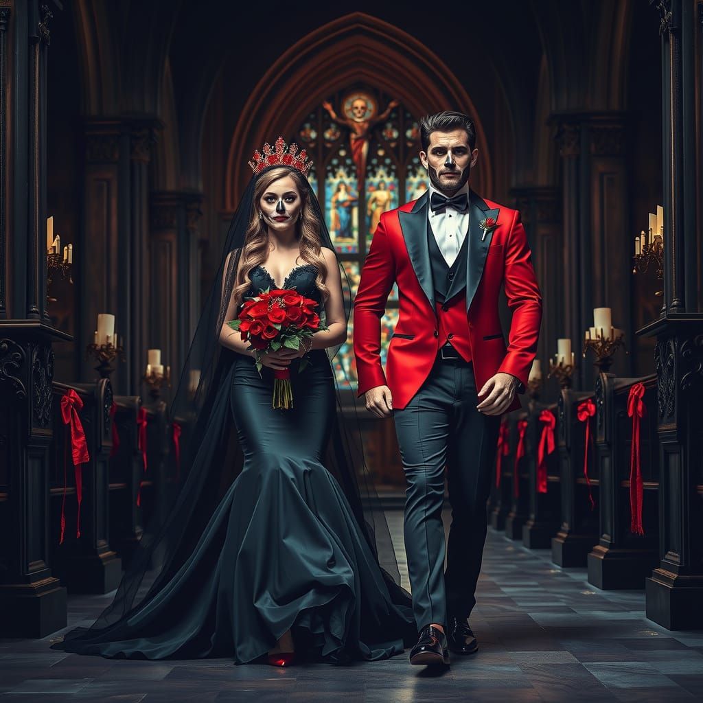 Regal Gothic Wedding Couple in Haunting Black and Red Attire