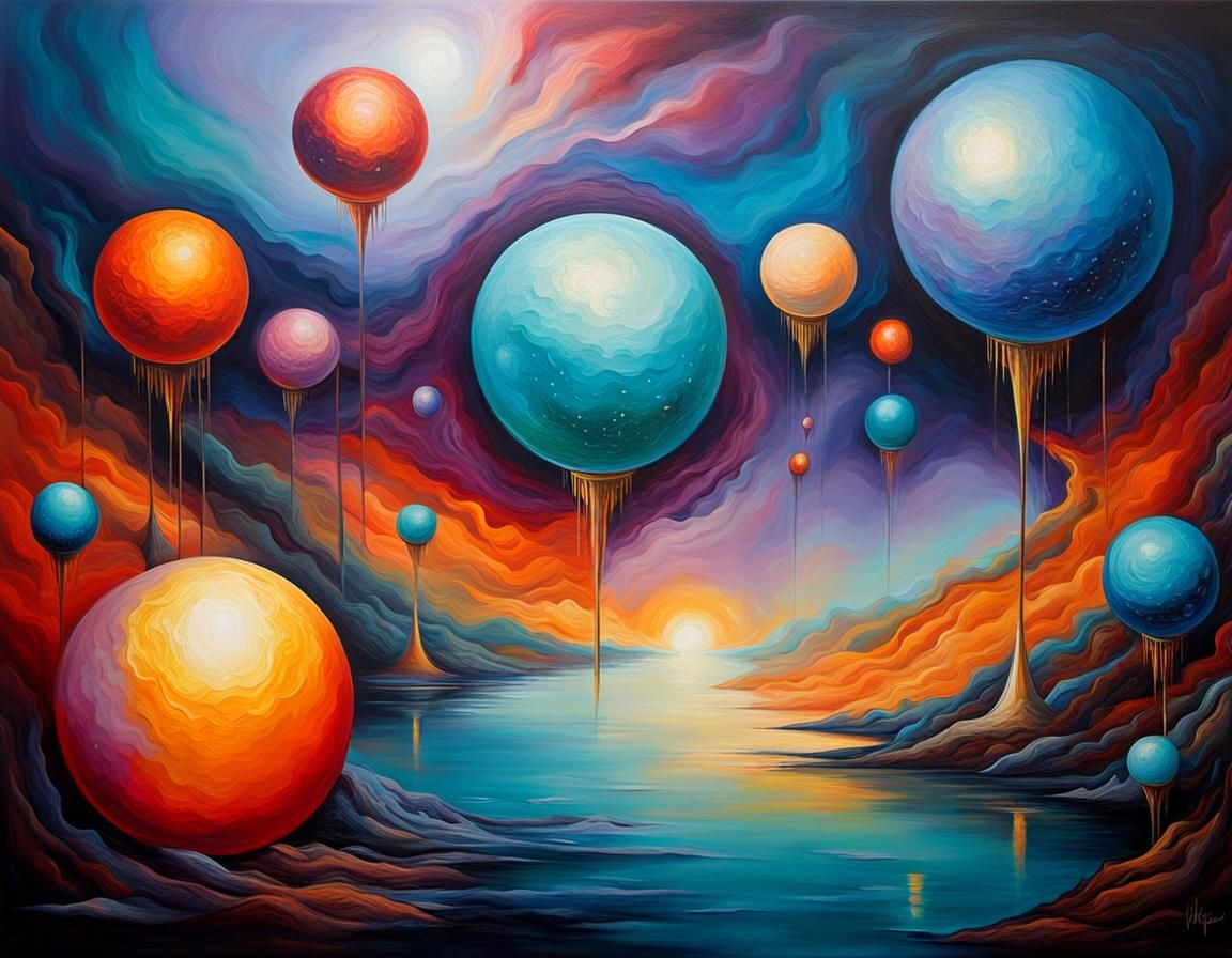 Mystic Orbs in Vibrant Surreal Oil Painting