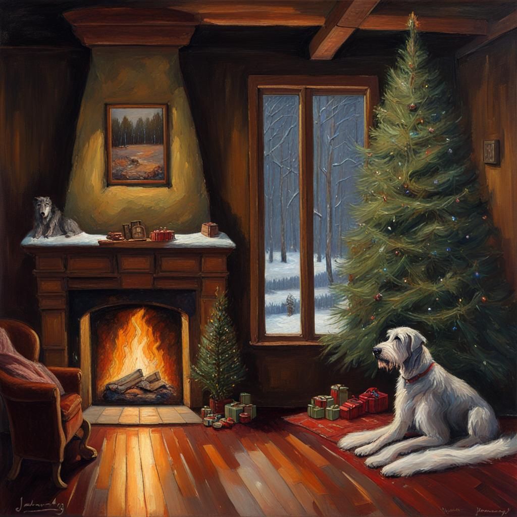 Irish Wolfhound Christmas Scene as Oil Painting
