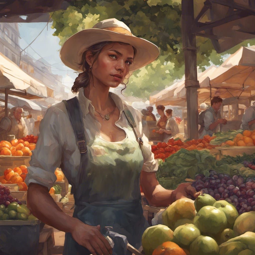 Hyperdetailed Portrait at Bustling Farmers Market