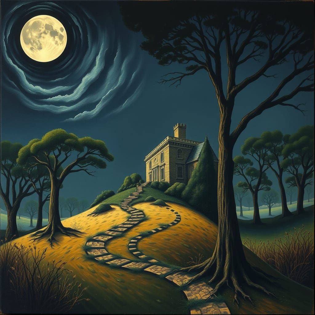Surreal Dark House Under Moon, Salvador Dali Style