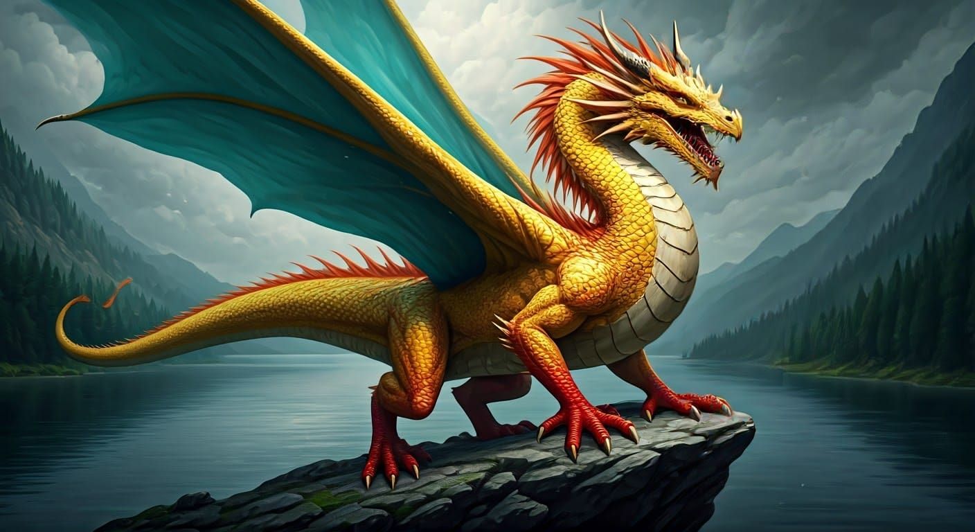 Yellow Dragon Overlooking Lake in Hyperrealistic Style
