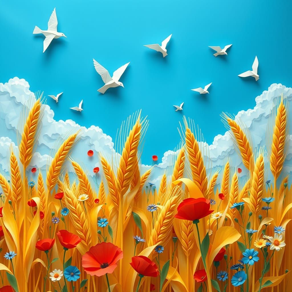 Origami Wheat Field with Paper Birds