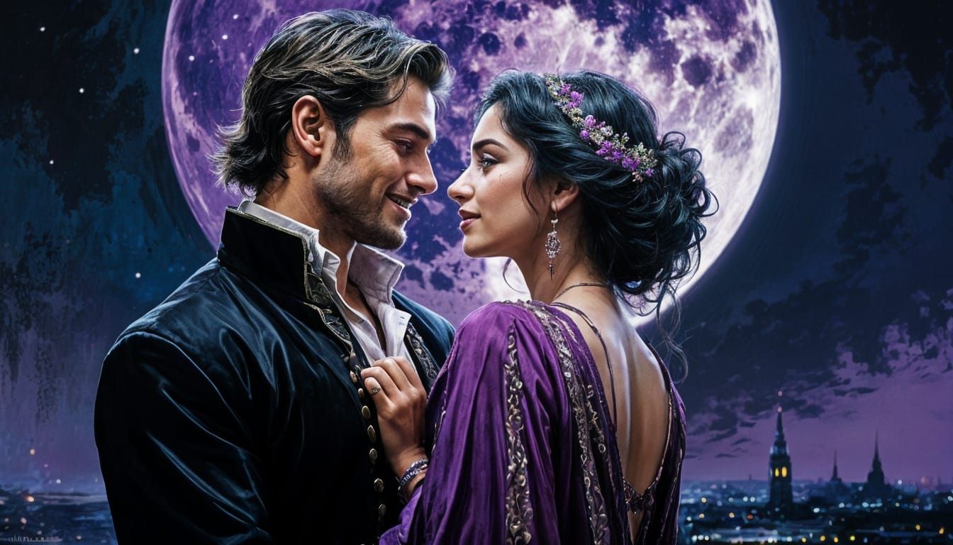 Romantic Couple Under Full Moon in Impasto Style