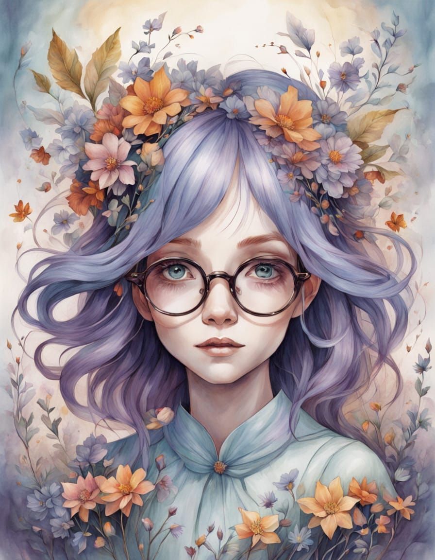Whimsical Girl Surrounded by Pastel Flowers in Dreamlike Sty...