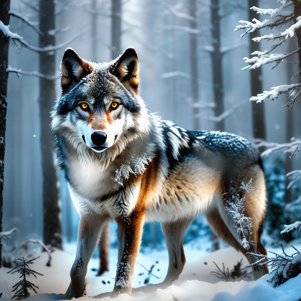 Wolf in Snowy Forest: Hyperrealistic Wildlife Photography