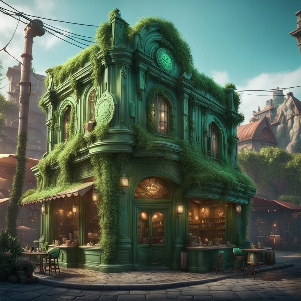 Fantastical Green Cafe in Detailed Matte Painting
