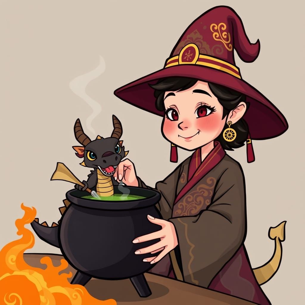 Asian Witch and Dragon Familiar Cartoon