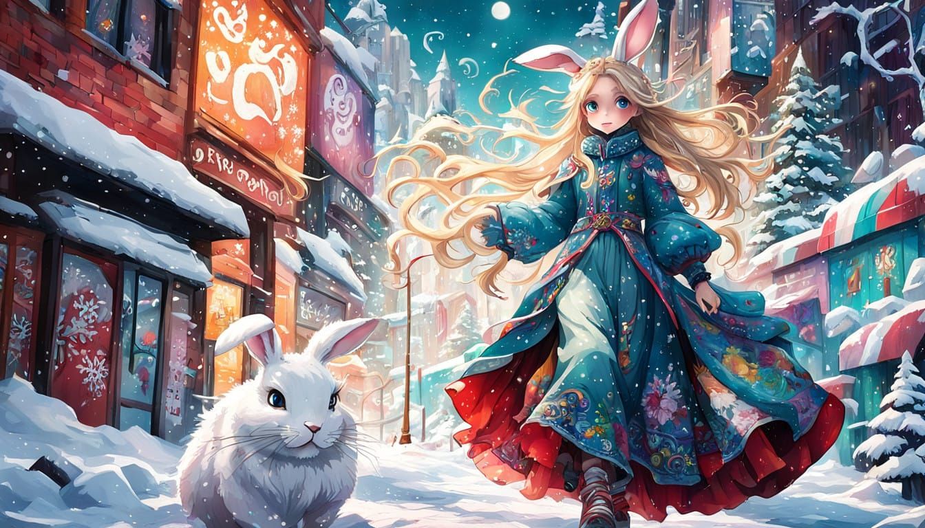 Surreal Winter Wonderland Scene in Whimsical Graffiti Style